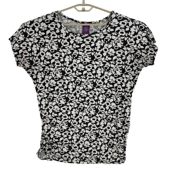 Beverly Drive Top Plus Size 1X Black White Floral Print Stretch Short Sleeve Y2K - Picture 2 of 7